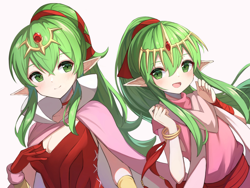 2girls blush bracelet dress dual_persona fire_emblem fire_emblem:_shadow_dragon fire_emblem_awakening gloves green_eyes green_hair hair_ornament hako_momiji highres jewelry long_hair manakete multiple_girls pink_dress pointy_ears ponytail red_dress red_gloves smile tiara tiki_(fire_emblem) upper_body white_background