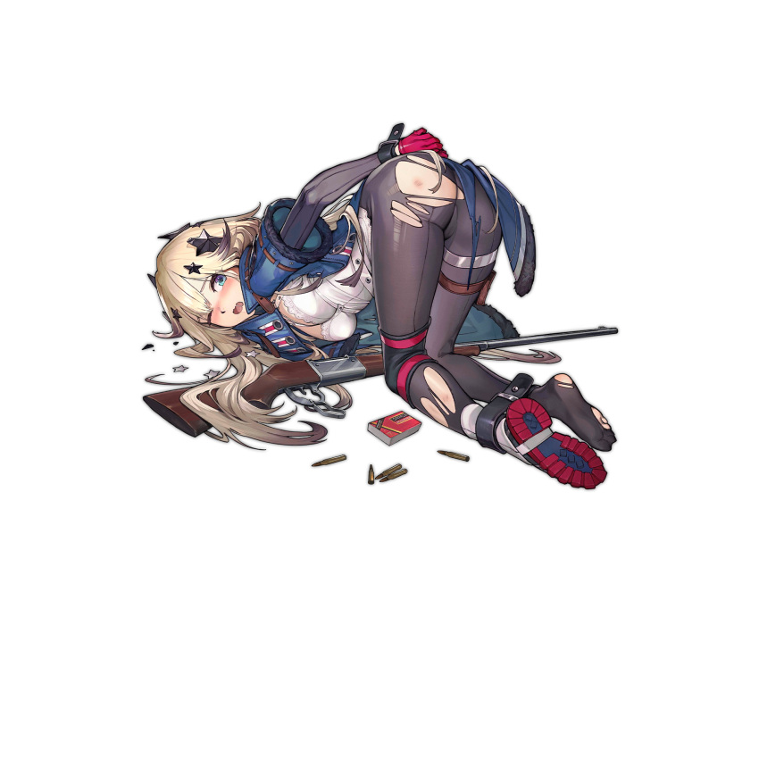 1girl artist_request ass bangs black_bodysuit black_legwear black_pants blonde_hair blue_eyes blue_jacket blush bodystocking bodysuit bound bound_feet bound_wrists breasts cartridge eyebrows_visible_through_hair floor girls_frontline gloves gun hair_ornament highres holster jacket leggings long_hair looking_back medium_breasts official_art one_eye_closed open_mouth pants red_gloves rifle rifle_cartridge saliva savage-99_(girls_frontline) shirt shoes shoes_removed single_shoe sitting_on_floor soles solo star_(symbol) star_hair_ornament thighs torn_clothes torn_legwear transparent_background weapon white_shirt