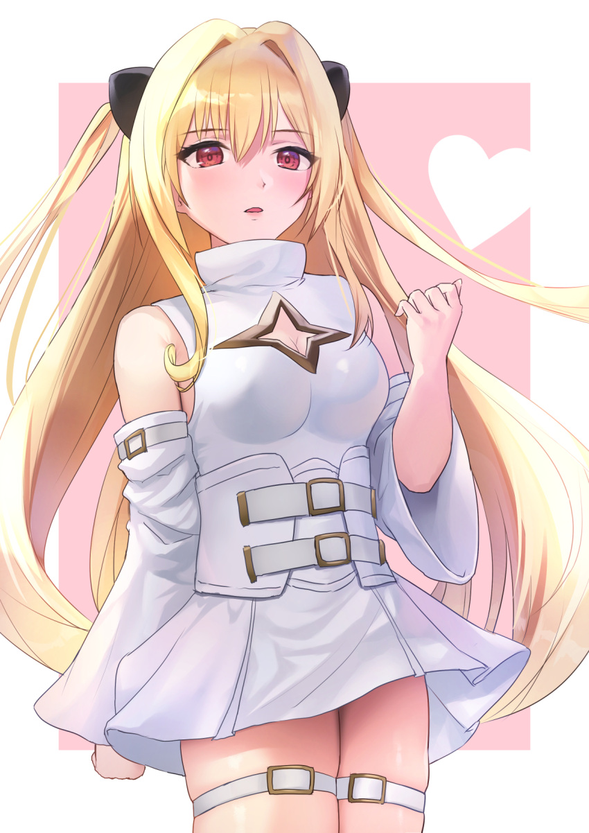 1girl alternate_color bare_shoulders blonde_hair blush breasts cleavage cleavage_cutout clothing_cutout cowboy_shot detached_sleeves dress expressionless hair_between_eyes hand_up heart heart_background highres konjiki_no_yami long_hair looking_at_viewer medium_breasts parted_lips pepeo red_eyes solo star_cutout thigh_strap to_love-ru very_long_hair white_dress wide_sleeves