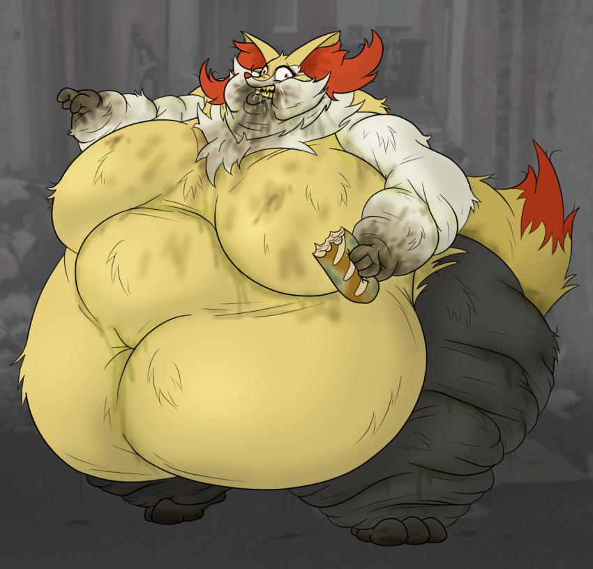 anthro bodily_fluids braixen bread breasts colored drooling female filth filthy food guyfuy hi_res messy messy_fur messy_tail nintendo obese obese_anthro obese_female overweight overweight_anthro overweight_female pok&eacute;mon pok&eacute;mon_(species) rotten_teeth saliva slob slobber solo stained_fur sweat video_games