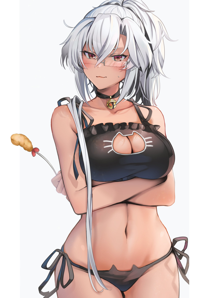 1girl absurdres alternate_hairstyle animal_print bell black_bra black_panties blush bra breasts brown_eyes cat_bra cat_panties cat_print cleavage cleavage_cutout closed_mouth clothing_cutout collarbone crossed_arms glasses highres kantai_collection large_breasts looking_at_viewer meme_attire musashi_(kancolle) navel neck_bell panties ponytail print_panties rectangular_eyewear side-tie_panties silver_hair simple_background solo sweatdrop underwear white_background yunamaro