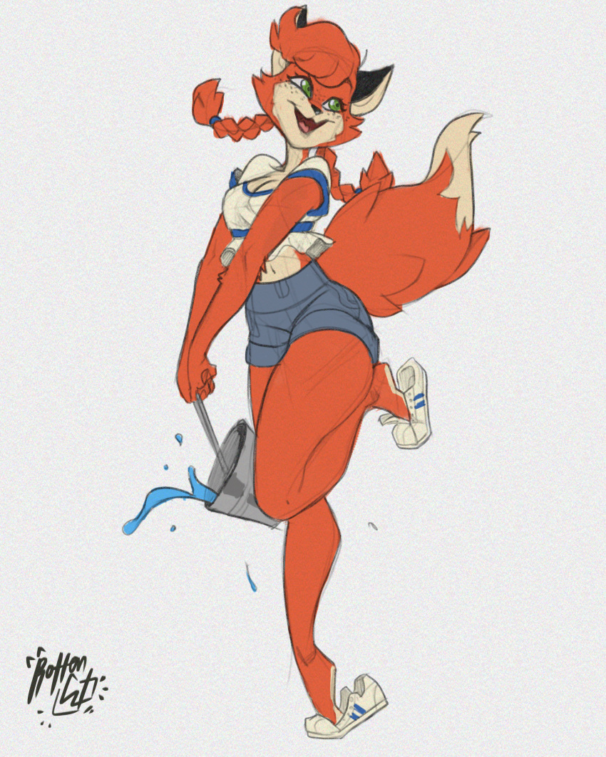 absurd_res anthro bucket canid canine clothing coffekitten dipstick_tail female footwear fox fur green_eyes hair hi_res mammal multicolored_tail open_mouth patty_foxy pigtails pinup pose red_body red_fur shoes simple_background smile solo topwear water
