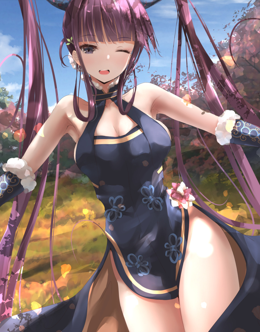 1girl bangs bare_shoulders black_dress blue_eyes blue_sky blunt_bangs blush breasts china_dress chinese_clothes cleavage detached_sleeves dress fate/grand_order fate_(series) hair_ornament highres large_breasts leaf_hair_ornament long_hair looking_at_viewer one_eye_closed open_mouth purple_hair sakazakinchan side_slit sidelocks sky smile thighs twintails very_long_hair yang_guifei_(fate)