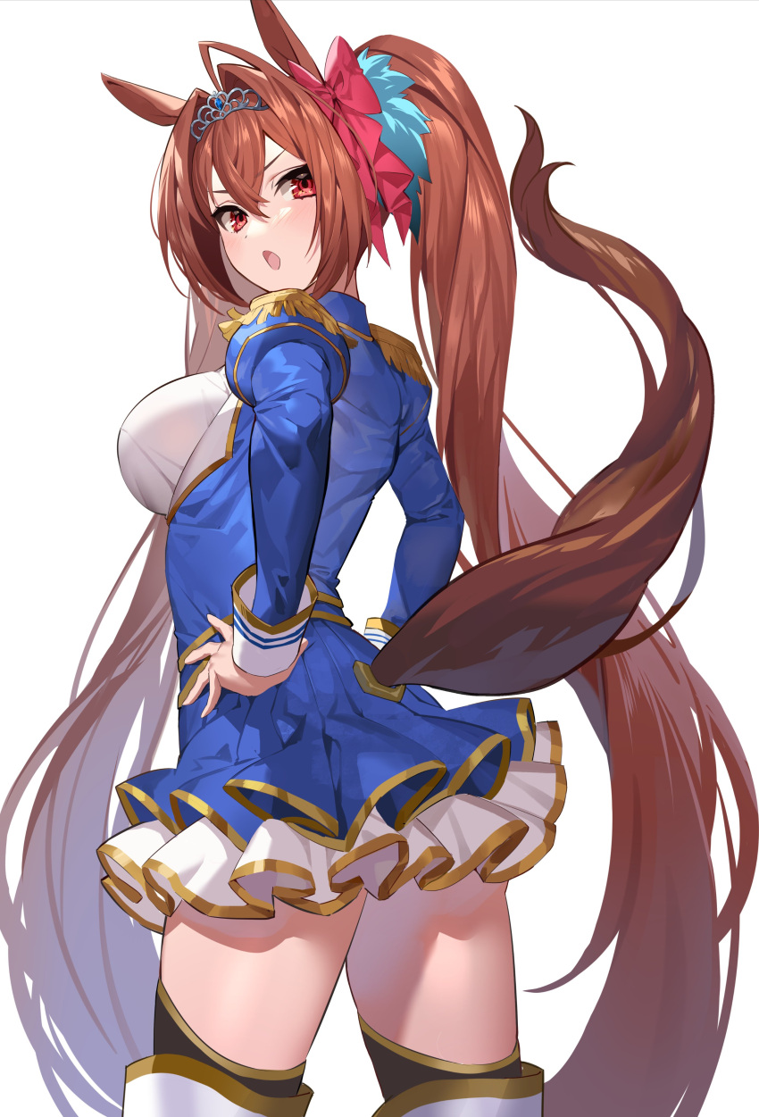 1girl :o absurdres ahoge animal_ears bangs black_legwear blue_jacket blue_skirt blush boots bow breasts brown_hair clothing_cutout daiwa_scarlet epaulettes from_behind hair_bow hair_intakes hands_on_hips highres horse_ears horse_girl horse_tail jacket large_breasts layered_skirt long_hair long_sleeves looking_at_viewer looking_back open_clothes open_jacket open_mouth pink_bow ponytail red_eyes simple_background skirt solo tail tail_cutout teffish thigh_boots thighhighs thighhighs_under_boots tiara umamusume v-shaped_eyebrows very_long_hair white_background white_footwear zettai_ryouiki