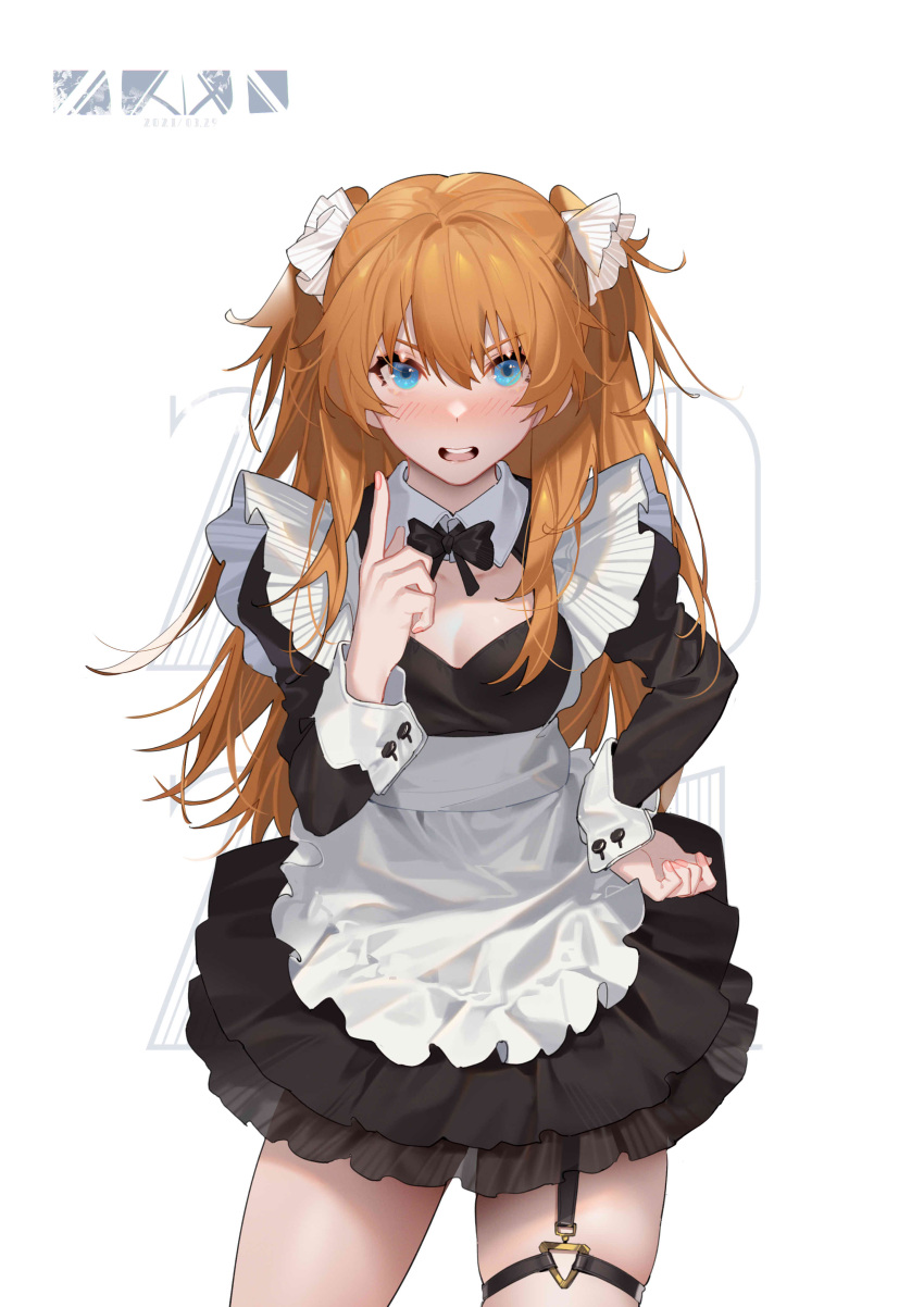 1girl absurdres alternate_costume apron bangs black_bow black_dress blue_eyes blush bow bowtie breasts brown_hair cowboy_shot dress enmaided eyebrows_visible_through_hair frilled_apron frills hair_between_eyes hair_bow hand_on_hip highres index_finger_raised koi_han long_hair long_sleeves looking_at_viewer maid maid_headdress medium_breasts neon_genesis_evangelion o-ring open_mouth ribbon simple_background skindentation solo souryuu_asuka_langley standing symbol_commentary thigh_strap two_side_up upper_teeth white_background white_bow