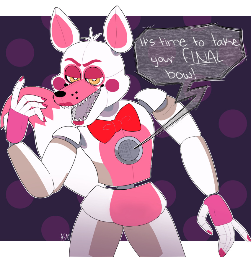 ! 2018 abstract_background ambiguous_gender animatronic anthro big_ears black_nose bow_tie canid canine colored_nails dialogue english_text eyebrows five_nights_at_freddy's fox funtime_foxy_(fnaf) funtime_foxy_(fnafsl) hair half-closed_eyes hi_res lipstick looking_at_viewer machine makeup mammal multicolored_body multicolored_ears nails narrowed_eyes open_mouth orange_eyes pink_body pink_ears pink_eyebrows pink_lipstick pink_nails portrait pose purple_background raised_arm robot rosy_cheeks sharp_teeth short_hair simple_background sister_location smile snazzamazing solo speaker speech_bubble standing talking_to_viewer teeth text thick_thighs ultimate_custom_night underline underlined_text video_games white_body white_ears white_hair