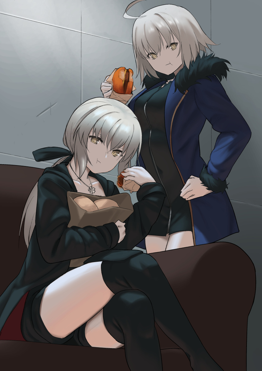 2girls absurdres ahoge alternate_costume artoria_pendragon_(all) bag black_dress black_footwear black_jacket black_ribbon black_shorts blue_coat boots breasts casual closed_mouth coat collarbone commentary couch crossed_legs dress eating fate/grand_order fate_(series) food food_in_mouth fur-trimmed_coat fur_trim grey_hair hair_between_eyes hair_ribbon hamburger hand_on_hip highres holding holding_food indoors jacket jeanne_d'arc_(alter)_(fate) jeanne_d'arc_(fate)_(all) jet_black_king_of_knights_ver._shinjuku_1999 jewelry large_breasts long_hair long_sleeves looking_at_viewer multiple_girls necklace no_nose object_hug official_alternate_costume paper_bag ponytail ribbon s.w saber_alter short_dress short_hair short_shorts shorts sitting thigh_boots thighhighs wicked_dragon_witch_ver._shinjuku_1999 yellow_eyes