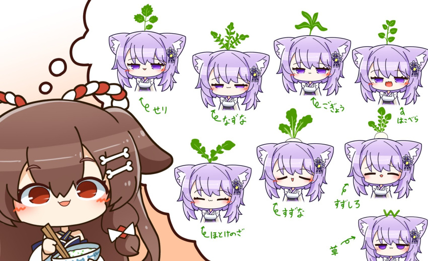 1girl :3 arrow_(symbol) asimo953 bone_hair_ornament bowl brown_hair chopsticks commentary_request food gradient gradient_background hair_ornament hair_tie highres hololive imagining inugami_korone japanese_clothes nekomata_okayu open_mouth purple_eyes purple_hair radish red_eyes smile solo translation_request wa_maid