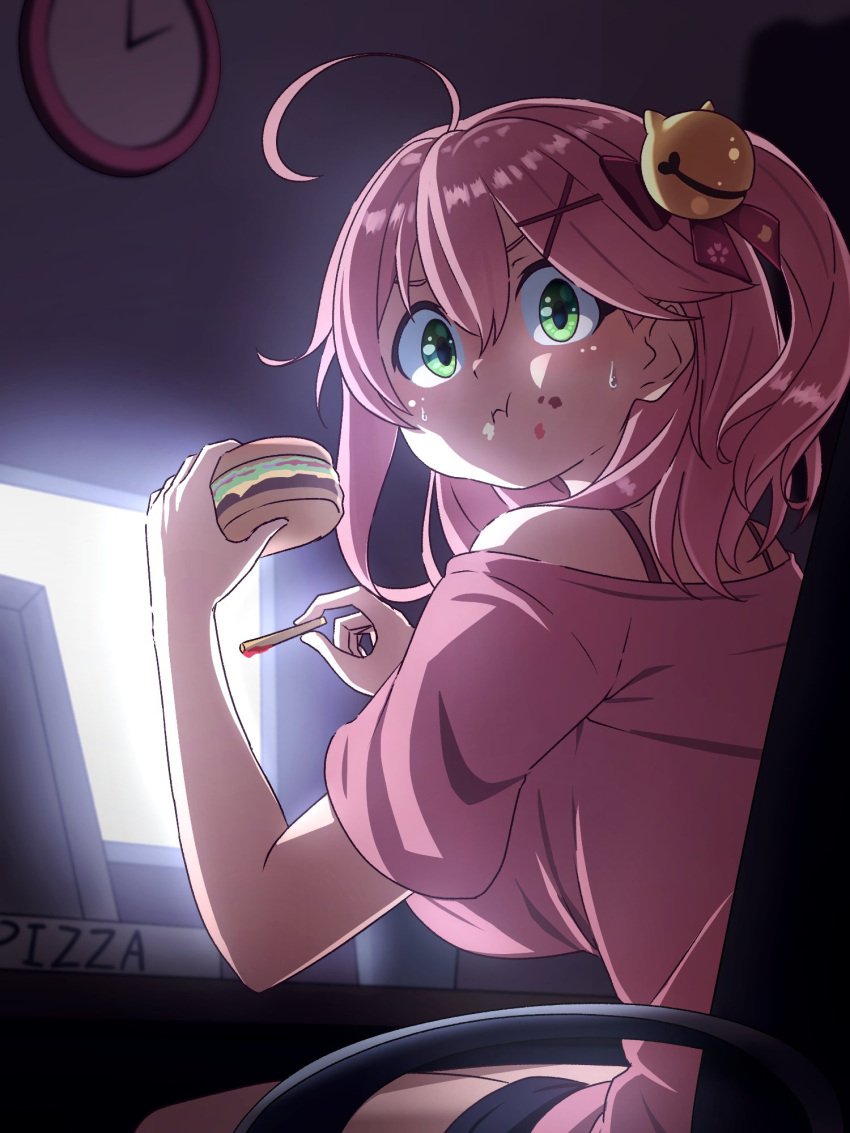 1girl ahoge bangs bare_shoulders bell blush breasts chair clock eating food food_on_face french_fries green_eyes hair_bell hair_between_eyes hair_ornament hairclip hamburger highres hololive kay_yu long_hair looking_at_viewer night one_side_up pink_hair pink_shirt pizza_box sakura_miko screen_light shirt shorts solo sweatdrop virtual_youtuber x_hair_ornament