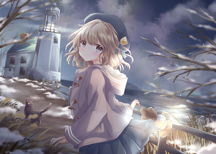 1girl bare_tree beret blue_eyes blue_headwear blue_skirt cat cloud coat commentary cowboy_shot dutch_angle expressionless fence from_side hat highres holding holding_lantern hood hood_down hooded_coat hoshiibara_mato lantern light_brown_hair lighthouse long_sleeves looking_at_viewer looking_back mountain night ocean open_clothes open_coat original outdoors pink_coat pleated_skirt short_hair skirt sky snow solo standing star_(sky) starry_sky tree tree_branch wind wind_lift wooden_fence