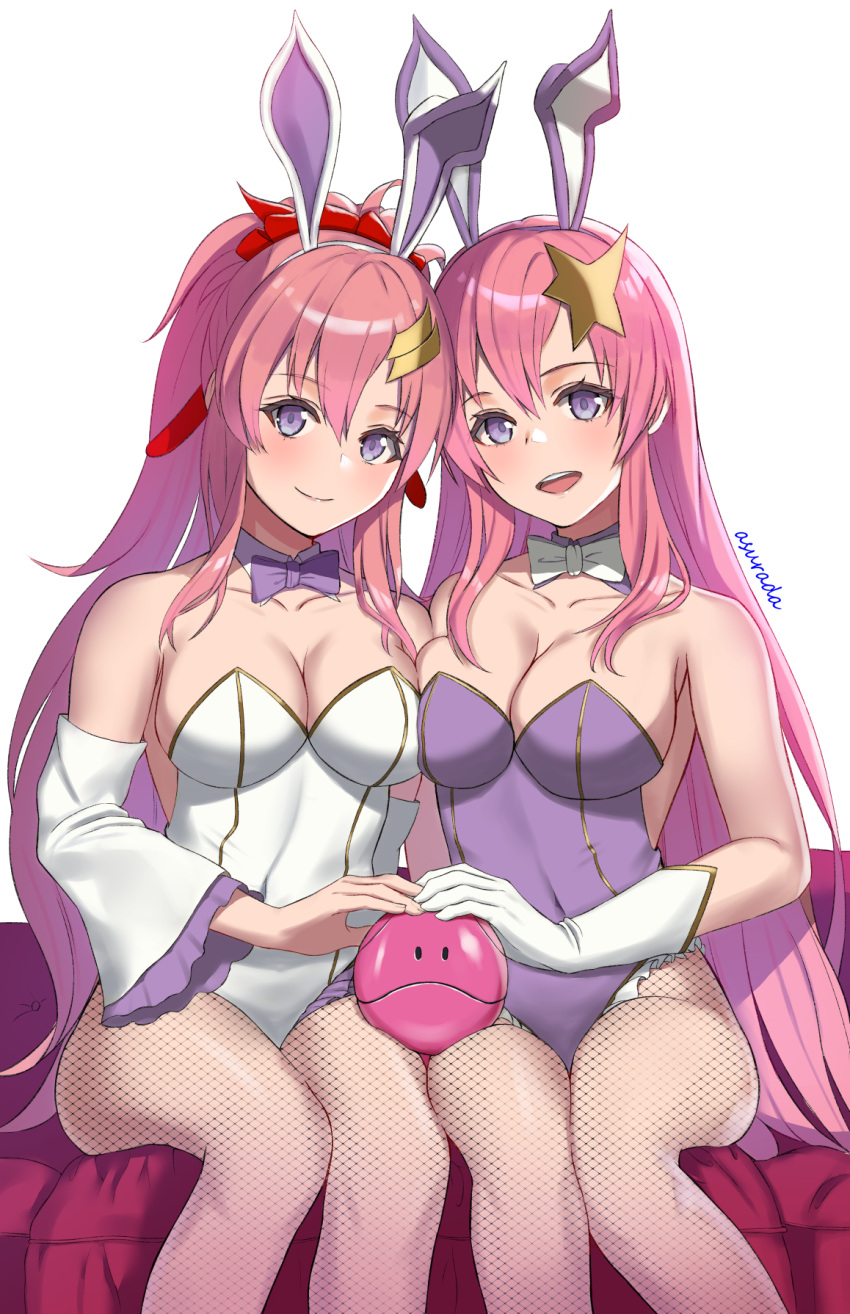 2girls adapted_costume animal_ears artist_name asurada_yui bow bowtie breasts bunny_ears cleavage detached_collar detached_sleeves fake_animal_ears fishnet_legwear fishnets gloves gundam gundam_seed gundam_seed_destiny hair_ornament haro highres lacus_clyne leotard long_hair looking_at_viewer medium_breasts meer_campbell multiple_girls pantyhose pink_hair playboy_bunny purple_eyes purple_leotard purple_neckwear simple_background sitting star_(symbol) star_hair_ornament strapless strapless_leotard white_background white_gloves white_leotard white_neckwear