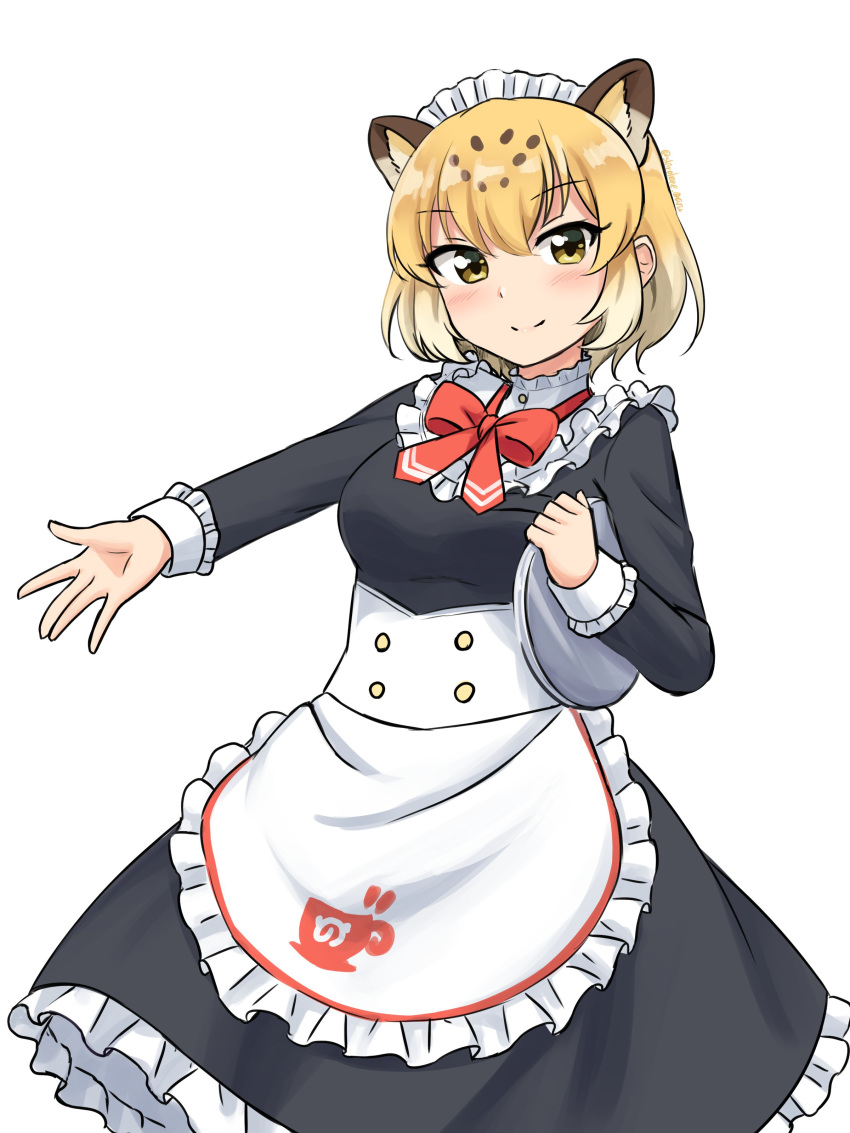 1girl absurdres alternate_costume animal_ears apron black_dress blonde_hair bow bowtie collar commentary_request cowboy_shot dress enmaided extra_ears eyebrows_visible_through_hair frilled_apron frilled_collar frilled_cuffs frills high_collar highres jaguar_(kemono_friends) jaguar_ears jaguar_girl japari_symbol kemono_friends kemono_friends_3 long_dress long_sleeves maid maid_apron maid_headdress multicolored_hair official_alternate_costume red_neckwear shiraha_maru short_hair solo tray white_apron white_hair yellow_eyes