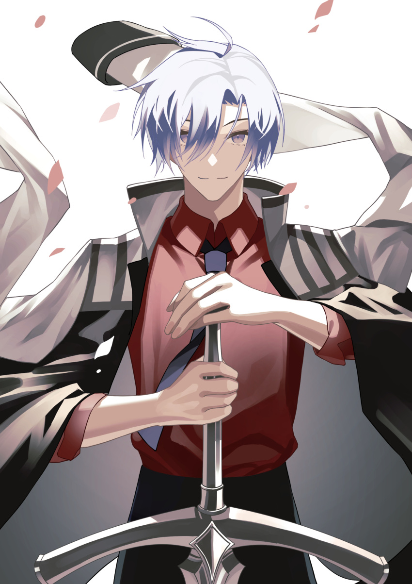 1boy ahoge black_pants blue_hair hair_over_one_eye hand_on_hilt highres holding holding_weapon jacket jacket_on_shoulders looking_at_viewer necktie original pants planted_sword planted_weapon purple_eyes red_shirt shirt smile solo sword tsuki-shigure weapon white_jacket