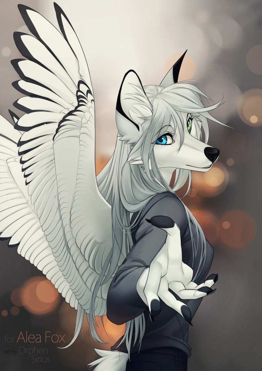 2021 5_fingers anthro avian black_nose breasts canid canine clothed clothing digital_media_(artwork) feathered_wings feathers female fingers fox hair heterochromia hi_res hybrid looking_at_viewer mammal orphen-sirius smile solo standing white_hair wings