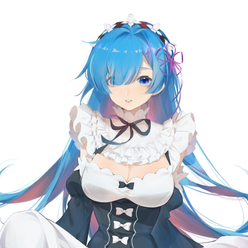 1girl absurdres alice_(mcaredor) alternate_hair_length alternate_hairstyle bangs black_neckwear black_ribbon blue_eyes blue_hair breasts chinese_commentary cleavage commentary_request frills grin hair_intakes hair_over_one_eye hair_ribbon highres long_hair long_sleeves looking_at_viewer medium_breasts neck_ribbon parted_lips purple_ribbon re:zero_kara_hajimeru_isekai_seikatsu rem_(re:zero) ribbon simple_background smile solo upper_body white_background