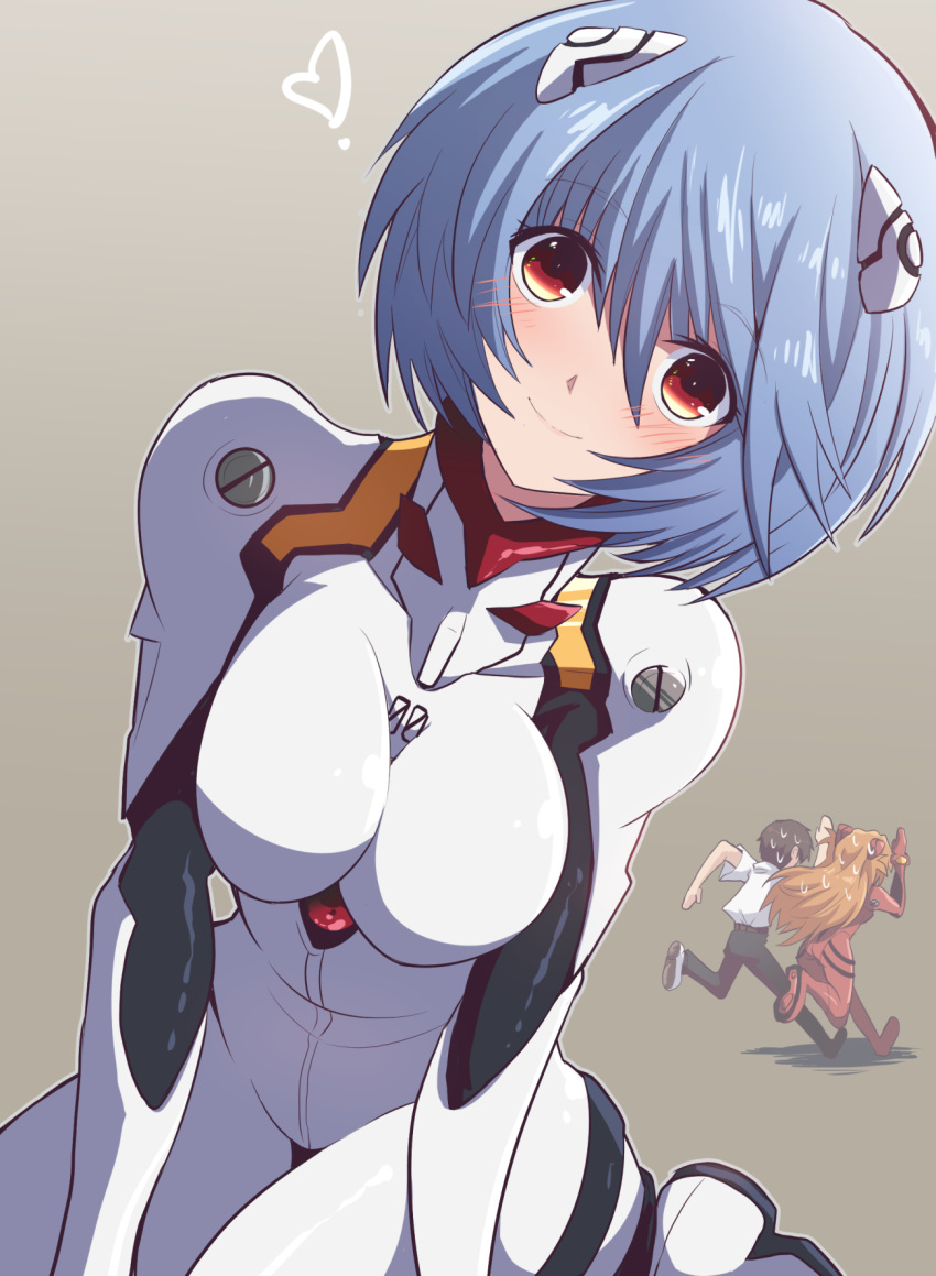 1boy 2girls ayanami_rei blue_hair blush bodysuit breasts brown_hair commentary eyebrows_visible_through_hair fleeing fujitaka_nasu hair_between_eyes hairpods heart highres ikari_shinji interface_headset large_breasts long_hair looking_at_viewer multiple_girls neon_genesis_evangelion orange_hair plugsuit red_bodysuit red_eyes running school_uniform shirt short_hair short_sleeves sitting slacks smile souryuu_asuka_langley spoken_heart sweat sweatdrop wariza white_bodysuit white_shirt