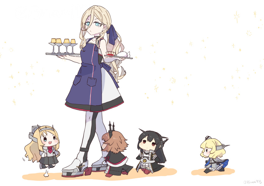 5girls absurdres apron bar blonde_hair blue_apron blue_eyes colorado_(kancolle) commentary_request dress food full_body hair_between_eyes highres kantai_collection long_hair mole mole_under_eye mole_under_mouth multiple_girls mutsu_(kancolle) nagato_(kancolle) nami_nami_(belphegor-5812) nelson_(kancolle) parody puchimasu! pudding richelieu_(kancolle) simple_background strapless strapless_dress style_parody thighhighs two-tone_dress two-tone_legwear white_background