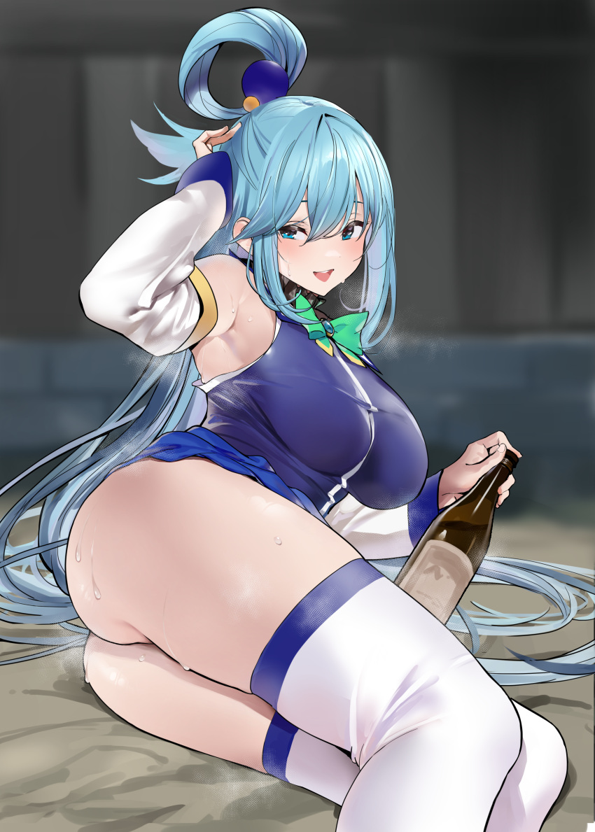 aqua_(kono_subarashii_sekai_ni_shukufuku_wo!) ass jikatarou kono_subarashii_sekai_ni_shukufuku_wo! nopan skirt_lift thighhighs wet