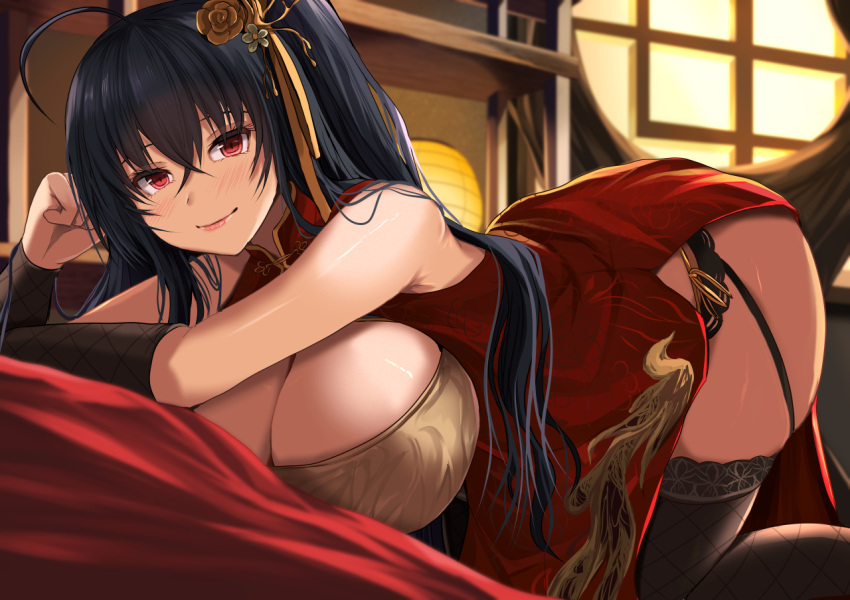 1girl ahoge azur_lane bangs bare_shoulders black_hair blush breasts china_dress chinese_clothes cleavage clothing_cutout commentary_request dress hair_between_eyes hair_ornament huge_breasts kanzaki_kureha long_hair looking_at_viewer red_dress red_eyes smile solo taihou_(azur_lane) taihou_(phoenix's_spring_song)_(azur_lane) thighhighs very_long_hair