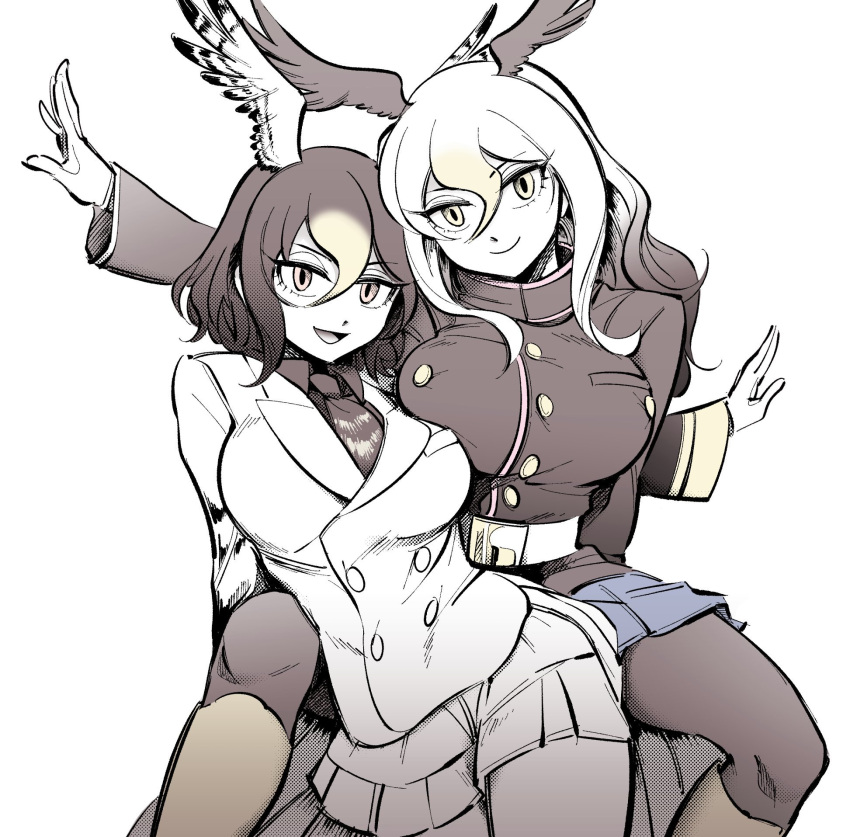 2girls arm_around_back arm_around_neck bald_eagle_(kemono_friends) behind_another belt bird_tail bird_wings black_hair blonde_hair breasts closed_mouth hair_between_eyes head_tilt head_wings highres jacket kemono_friends large_breasts leaning_to_the_side long_hair long_sleeves looking_at_viewer medium_hair miniskirt multicolored_hair multiple_girls muted_color necktie northern_goshawk_(kemono_friends) open_mouth outstretched_arm outstretched_hand pantyhose partially_colored red_eyes seductive_smile simple_background sitting skirt smile spread_legs tail twisted_torso two-tone_hair unaligned_breasts white_background white_hair wings yellow_eyes yokuko_zaza