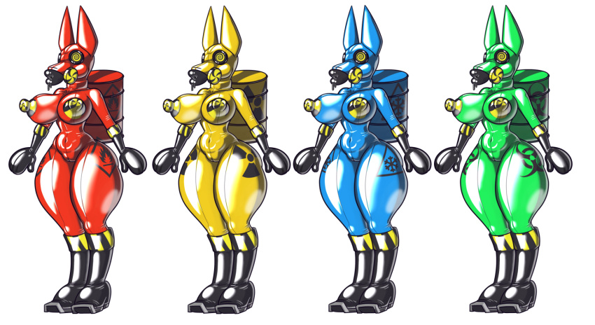 2021 anubian_jackal big_breasts blue_body boots breasts canid canine canis clothing footwear gas_mask gas_tank gloves green_body group handwear hazmat_suit hi_res jackal mammal mask nipples nuclear_symbol red_body rubber skinsuit spiral_eyes symbol tight_clothing villainous wide_hips yellow_body