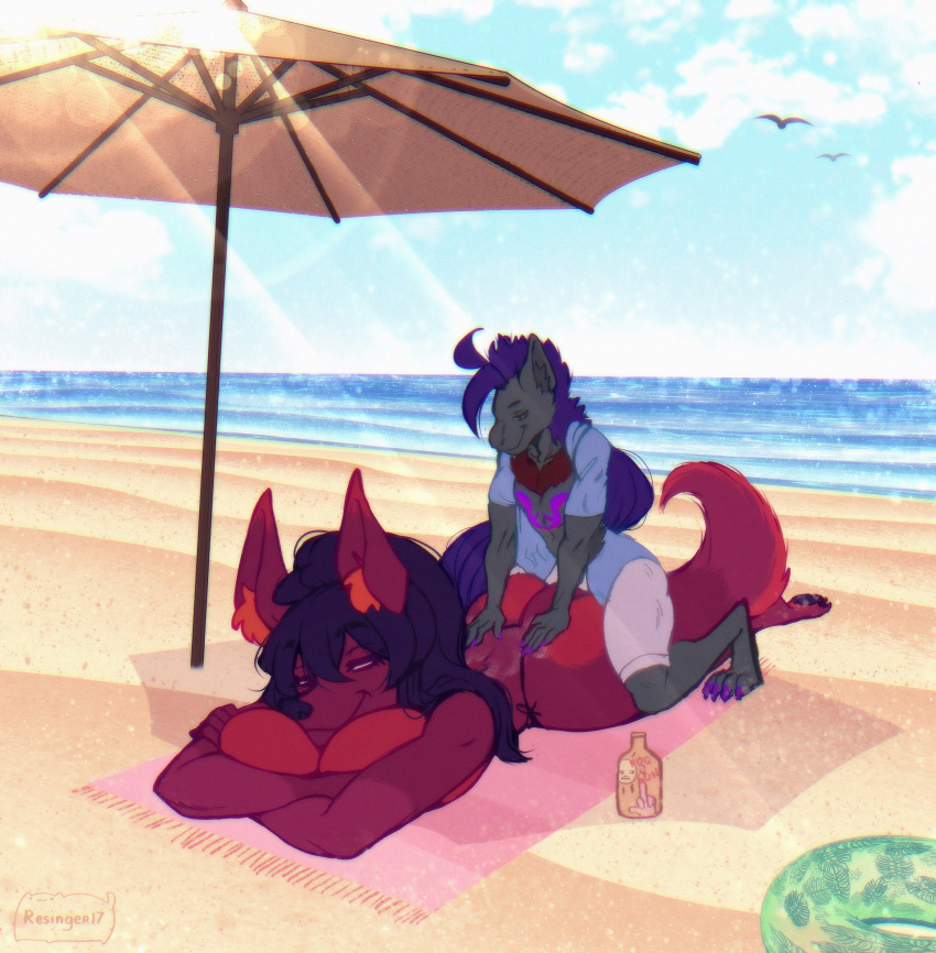 2020 absurd_res anthro backrub beach beach_blanket beach_umbrella braless canid canine canis clothed clothing cloudscape digital_media_(artwork) duo female fluffy fluffy_tail fox fur grey_body grey_fur hair hi_res larger_female long_hair male male/female mammal mattie_(meanmetal) nintendo open_clothing open_shirt open_topwear pok&eacute;mon pok&eacute;mon_(species) purple_hair red_body red_fur relaxing resinger17 sand sea seaside shirt size_difference sky smaller_male smile sunscreen swimming_trunks swimwear topwear video_games water wolf zeroark_(character) zoroark