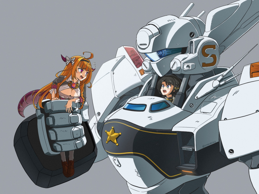 2girls ahoge aqua_eyes black_hair bow breasts cleavage dragon_horns dragon_tail fang flying_sweatdrops grey_background hair_ornament hairband holding_person hololive horn_bow horns kidou_keisatsu_patlabor kiryu_coco large_breasts long_hair mecha multiple_girls nyaring943 oozora_subaru open_mouth orange_hair purple_eyes short_hair simple_background star_(symbol) tail twitter_username virtual_youtuber