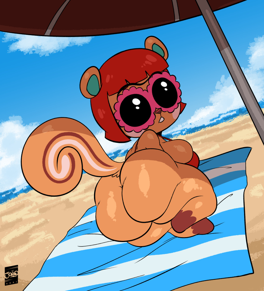 animal_crossing anthro beach beach_umbrella big_butt bikini bikini_top bottomless breasts butt clothed clothing eyewear female hazel_(animal_crossing) hi_res huge_butt joaoppereiraus looking_back mammal nintendo on_towel rodent sciurid seaside short_stack solo sunglasses swimwear thick_thighs towel tree_squirrel video_games