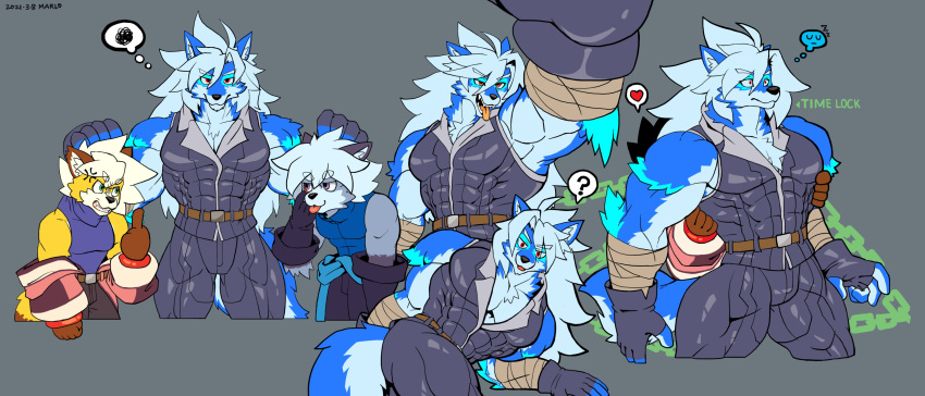 absurd_res anthro belt biceps canid canine canis cheong_hwan clothing digital_media_(artwork) fingerless_gloves fox fur gesture gloves green_eyes group hair handwear hi_res male mammal middle_finger muscular muscular_male red_eyes simple_background syu tongue tongue_out wolf wolfmalro