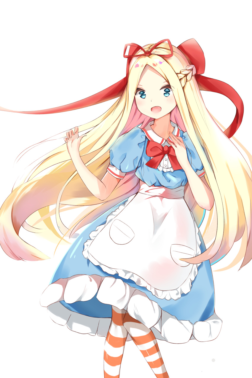 1girl :d abigail_williams_(fate) absurdres apron bangs blonde_hair blue_dress blue_eyes bow braid collared_dress commentary_request dress fate/grand_order fate_(series) feet_out_of_frame forehead frilled_apron frilled_dress frills hair_bow hair_ribbon hands_up highres long_hair looking_at_viewer open_mouth pantyhose parted_bangs puffy_short_sleeves puffy_sleeves red_bow red_ribbon ribbon short_sleeves simple_background smile solo striped striped_legwear very_long_hair waist_apron white_apron white_background yukaa