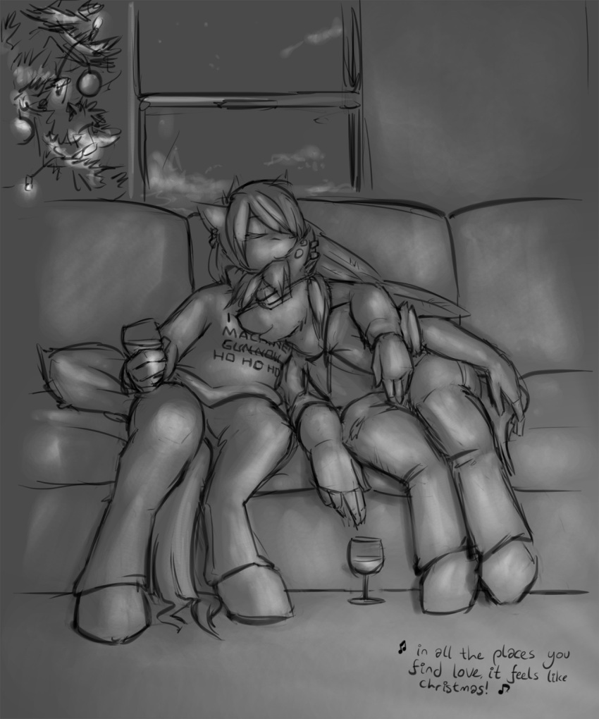 2015 anthro christmas clipped_wings_(oc) cuddling duo earth_pony equid equine eyewear fan_character female furniture glasses hasbro hi_res holidays horse krd male mammal monochrome my_little_pony pegasus piercing pony romantic_couple sofa tight_fit_(oc) wine_glass wings