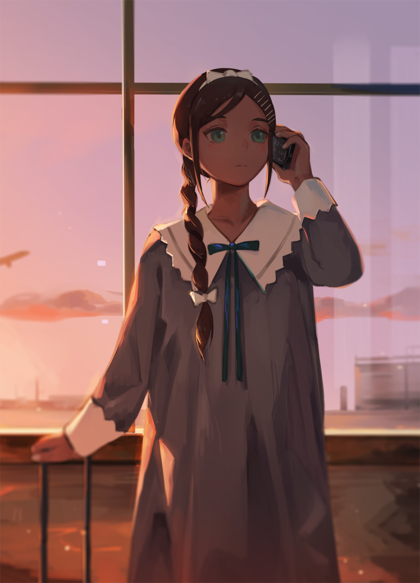 1girl aonuma_neiru blouse blue_ribbon bow braid brown_hair cellphone dark_skin dark_skinned_female green_eyes grey_blouse hair_bow hair_ornament hairclip hand_up highres indoors kuto_(kuroto) long_sleeves phone railing ribbon standing white_bow window wonder_egg_priority