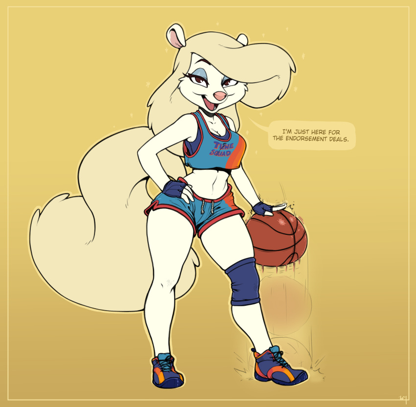 2021 absurd_res animaniacs anthro ball basketball basketball_(ball) basketball_uniform blue_eyeshadow bottomwear bra breasts cleavage clothed clothing dribbling english_text eyeshadow female fingerless_gloves footwear fur gloves hand_on_hip handwear hi_res makeup mammal midriff minerva_mink mink mustelid musteline navel ricksteubens shoes shorts simple_background sneakers solo space_jam sparkles sports_bra sportswear text true_musteline underwear uniform warner_brothers white_body white_fur yellow_background