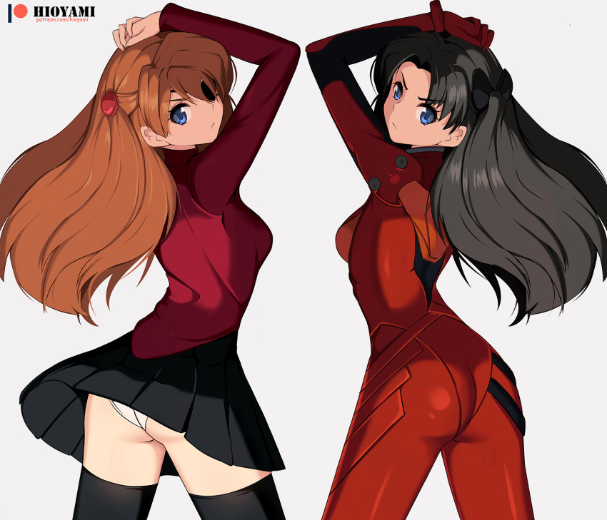 2girls ass black_hair black_ribbon black_skirt blue_eyes bodysuit breasts cosplay costume_switch crossover evangelion:_3.0_you_can_(not)_redo eyepatch fate/stay_night fate_(series) hair_ribbon highres hioyami long_hair long_sleeves miniskirt multiple_girls neon_genesis_evangelion orange_hair panties pilot_suit pleated_skirt plugsuit rebuild_of_evangelion red_bodysuit red_sweater ribbon shikinami_asuka_langley shikinami_asuka_langley_(cosplay) skin_tight skirt small_breasts souryuu_asuka_langley sweater thighhighs tohsaka_rin tohsaka_rin_(cosplay) two_side_up underwear white_panties