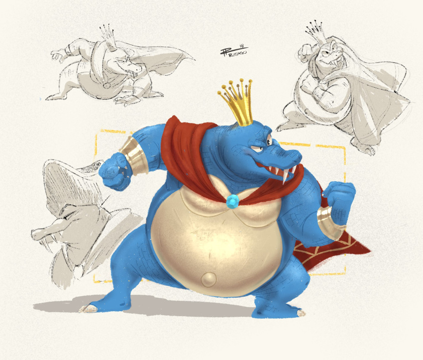 2018 3_toes 4_fingers alternate_color anthro athletic athletic_anthro athletic_male belly biceps big_belly biped blue_body blue_scales bracelet cape cape_only claws clothing crocodile crocodilian crocodylid crown dated donkey_kong_(series) fangs feet finger_claws fingers fist hat headgear headwear hi_res jewelry king king_k._rool kremling male mostly_nude navel nintendo obese obese_anthro obese_male open_mouth open_smile outie_navel overweight overweight_anthro overweight_male pecs plantigrade reptile riisago royalty scales scalie signature simple_background sketch_page smile solo standing toe_claws toes video_games white_background white_claws