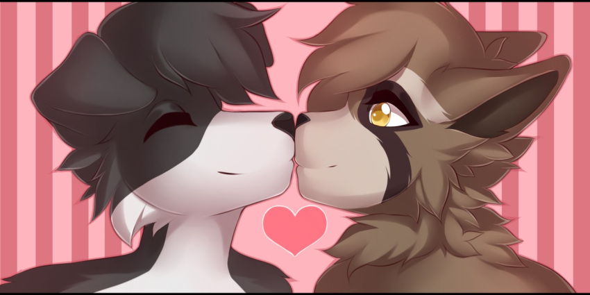 &lt;3 2020 2:1 anthro black_body black_fur border_collie brown_body brown_fur canid canine canis collie digital_media_(artwork) domestic_dog duo eyes_closed floppy_ears fur herding_dog holidays humanoid kissing lite_(character) looking_at_another male male/male mammal neck_tuft nose_touching pastoral_dog procyonid raccoon romantic_couple ryai_(character) sheepdog smile tuft valentine's_day weeniewonsh white_body white_fur yellow_eyes