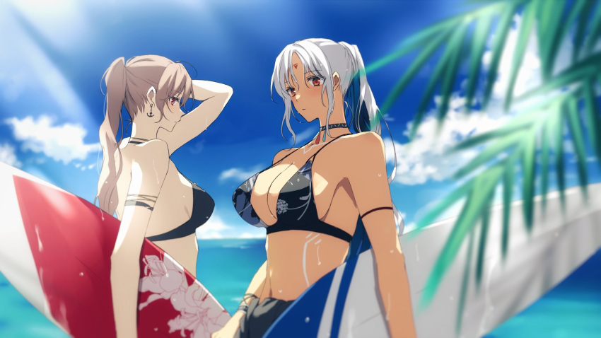 2girls amazuki_jou anchor_earrings armlet azur_lane beach bikini blue_sky body_writing bodypaint breasts dark_skin earrings facial_mark grey_hair highres jean_bart_(azur_lane) jewelry light_brown_hair massachusetts_(azur_lane) multiple_girls ocean pale_skin palm_tree red_eyes sky surfboard swimsuit tree wet wet_hair