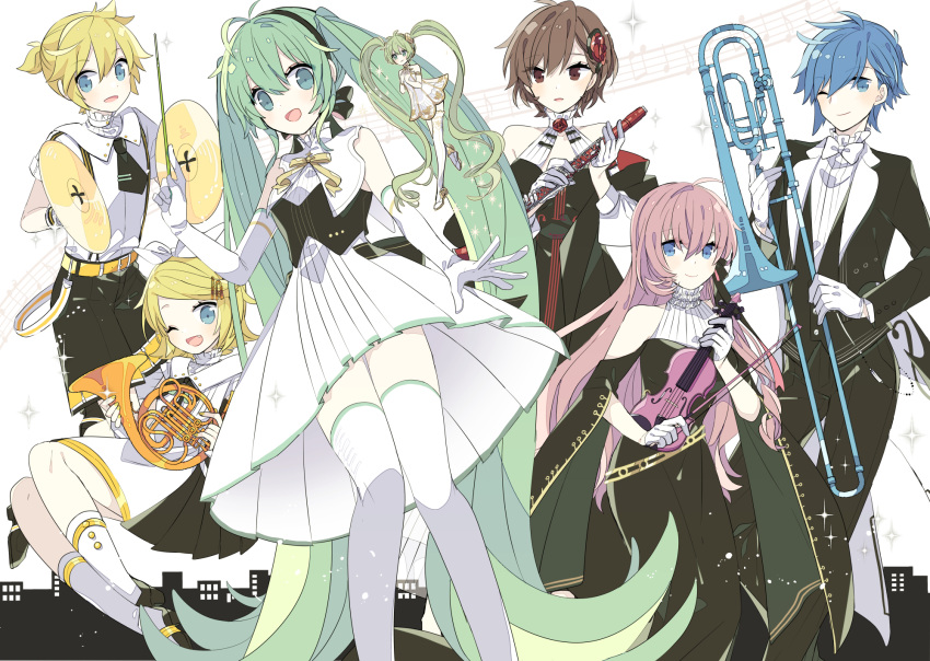 2boys 4girls aqua_eyes aqua_hair ballet_dress ballet_slippers bangs bare_shoulders baton_(instrument) beamed_eighth_notes belt black_dress black_jacket black_neckwear black_shorts black_suit blonde_hair blue_eyes blue_hair boots bow bowtie brown_eyes brown_hair clarinet clothing_cutout cymbals dress dual_persona eighth_note elbow_gloves floating formal french_horn gloves gold_trim hair_bow hair_ornament hairclip halter_top halterneck hatsune_miku highres holding holding_instrument instrument jacket kagamine_len kagamine_rin kaito knee_boots long_hair looking_at_viewer megurine_luka meiko miku_symphony_(vocaloid) minigirl multiple_boys multiple_girls musical_note necktie one_eye_closed open_mouth pink_hair pleated_skirt quarter_note shirt short_hair short_sleeves shorts shoulder_cutout skirt sleeveless sleeveless_shirt smile sparkle spiked_hair staff_(music) standing suit swept_bangs thighhighs trombone twintails very_long_hair violin violin_bow vocaloid white_bow white_dress white_footwear white_gloves white_legwear white_neckwear white_shirt white_skirt yoshiki zettai_ryouiki