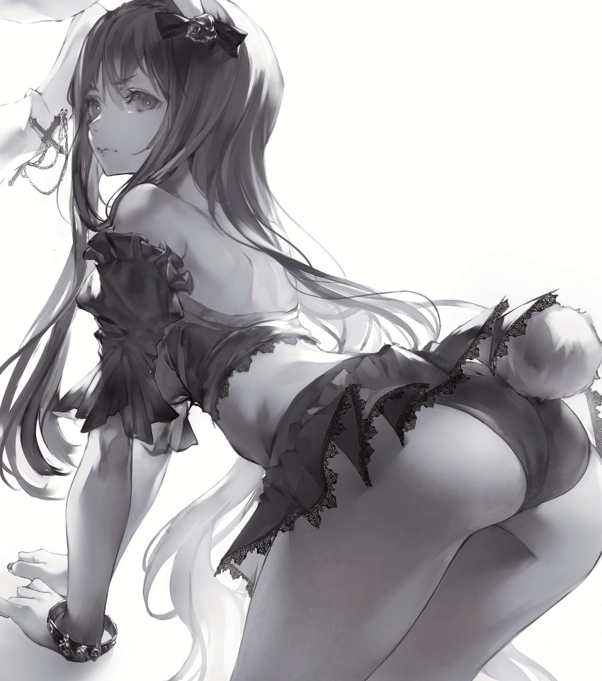 1girl absurdres all_fours animal_ears ass back bare_shoulders bow breasts bunny_ears bunny_tail closed_mouth cross fingernails from_behind greyscale hair_bow hair_ornament highres kanechi long_hair looking_at_viewer looking_back medium_breasts microskirt monochrome panties reisen_udongein_inaba simple_background skirt solo tail touhou underwear white_background wrist_cuffs