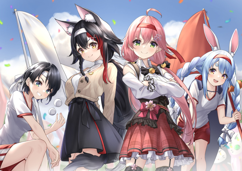 4girls :d animal_ears arms_behind_back ball bangs bell black_bow black_bowtie black_hair black_legwear black_skirt blue_hair blue_sky bow bowtie braid brown_cardigan cardigan closed_mouth cloud collared_shirt commentary_request crossed_arms day dress eyebrows_visible_through_hair flag flower frilled_dress frills garter_straps green_eyes grin hair_between_eyes hair_flower hair_ornament headband highres holding holding_flag hololive jingle_bell long_hair multicolored_hair multiple_girls neck_bell ookami_mio oozora_subaru open_mouth outdoors pink_hair plaid plaid_skirt ponytail red_eyes red_hair red_headband red_shorts red_skirt sakura_miko shirt short_eyebrows short_hair shorts skirt sky smile standing streaked_hair tail tail_around_leg thick_eyebrows thighhighs tsurupy twin_braids twintails two-tone_hair usada_pekora v-shaped_eyebrows very_long_hair virtual_youtuber white_hair white_headband white_shirt wolf_ears wolf_girl wolf_tail x_hair_ornament yellow_eyes