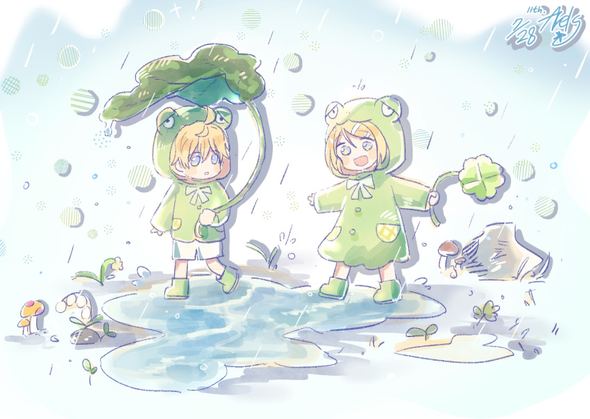 1boy 1girl blonde_hair blue_eyes boots child clover coat commentary dated flower frog_raincoat green_coat green_footwear hair_ornament hairclip holding holding_leaf horizontal_pupils kagamine_len kagamine_rin leaf leaf_umbrella lily_of_the_valley mushroom natsu_(nacheu2772) puddle rain raincoat rock short_hair shorts vocaloid white_shorts