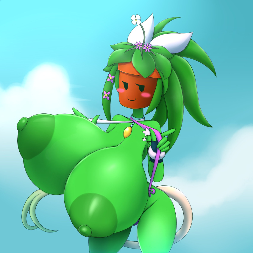 areola big_breasts big_butt blaster_master blush breasts butt cloudscape elemental_creature elemental_humanoid elfdrago female flora_fauna green_body green_hair hair hi_res huge_breasts humanoid hyper hyper_breasts kanna_(blaster_master) looking_at_viewer nipples plant plant_humanoid sky smile solo thick_thighs video_games