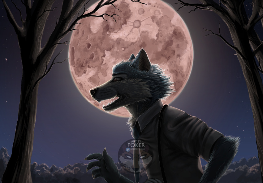 anthro beastars black_nose bloodmoon canid canine canis claws clothed clothing dark hi_res legoshi_(beastars) light male mammal moon moonlight necktie night plant poker_(artist) solo star teeth tree turquoise_fur wolf