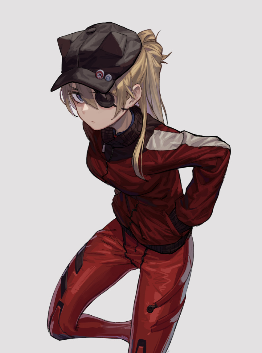 1girl absurdres alternate_hairstyle animal_hat bangs black_headwear blonde_hair blue_eyes bodysuit breasts cat_hat chunk-san closed_mouth commentary_request evangelion:_3.0_you_can_(not)_redo eyepatch frown grey_background hair_between_eyes hands_in_pockets hat highres jacket leg_up long_hair long_sleeves looking_at_viewer neon_genesis_evangelion plugsuit ponytail rebuild_of_evangelion red_bodysuit red_jacket shikinami_asuka_langley simple_background solo souryuu_asuka_langley standing standing_on_one_leg track_jacket zipper_pull_tab