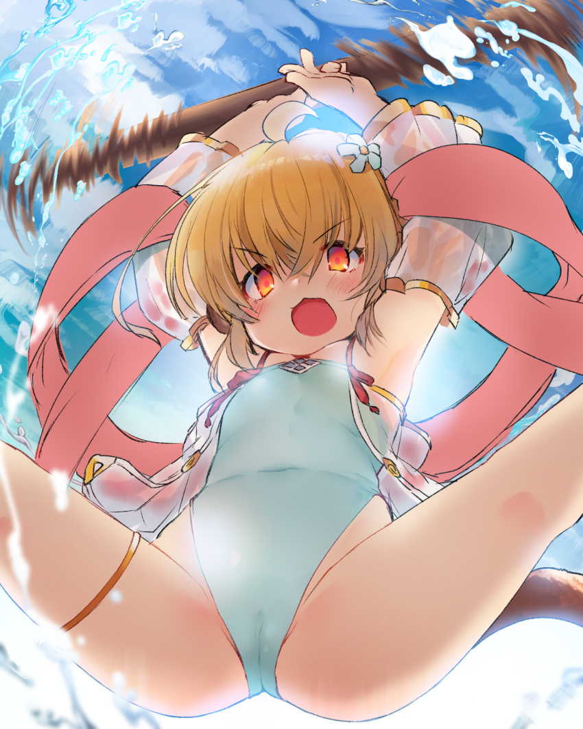 1girl ahoge andira_(granblue_fantasy) animal_ears arms_up bare_legs blonde_hair blue_swimsuit cameltoe day detached_sleeves erune flat_chest granblue_fantasy highleg highleg_swimsuit highres looking_at_viewer monkey_ears monkey_tail open_mouth outdoors red_eyes see-through short_hair solo spread_legs staff summer swimsuit tail toba_hiyoko