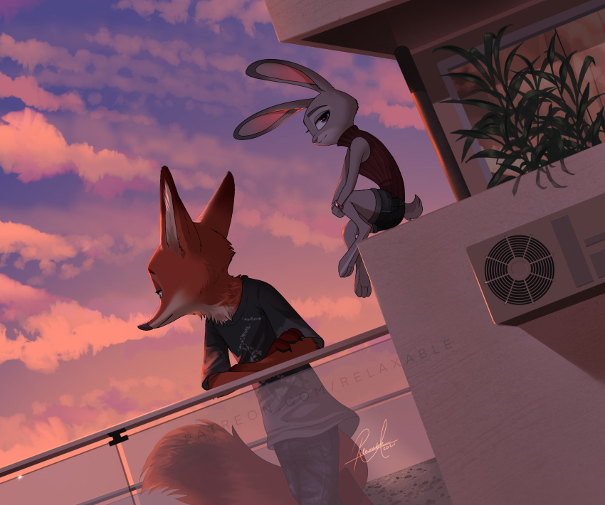 2021 anthro building canid canine clothed clothing cloud disney dutch_angle female fox fully_clothed fur grey_body grey_fur hi_res judy_hopps lagomorph leporid looking_at_viewer male mammal nick_wilde orange_body orange_fur outside plant rabbit red_fox relaxable relaxablefur shirt signature sitting sky t-shirt topwear window zootopia