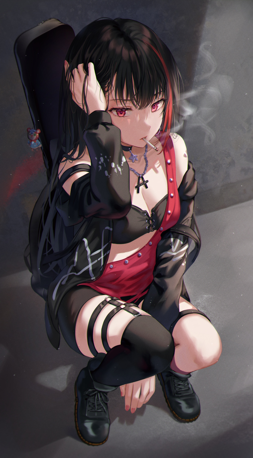 1girl absurdres arm_up bang_dream! bare_shoulders between_legs black_bra black_choker black_footwear black_hair black_jacket black_legwear black_shorts boots bra breasts choker cigarette cleavage commentary_request guitar_case highres huge_filesize instrument_case jacket jewelry long_hair looking_at_viewer mitake_ran multicolored_hair necklace off_shoulder open_clothes open_jacket red_eyes revealing_clothes short_shorts shorts single_thighhigh small_breasts smoking solo squatting streaked_hair thigh_strap thighhighs tokkyu underwear