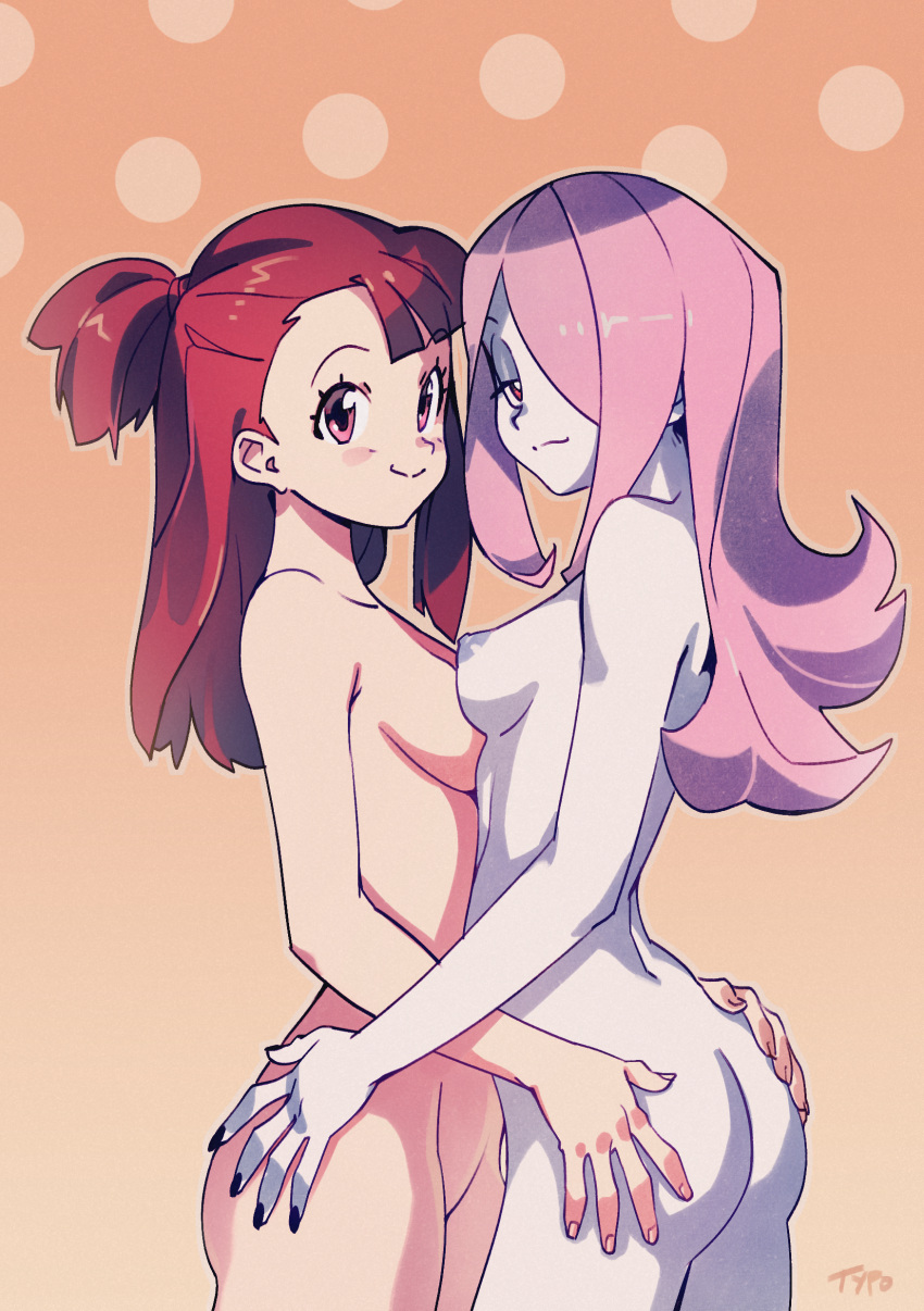2girls absurdres artist_name ass breast_press breasts brown_eyes brown_hair hands_on_another's_hips highres kagari_atsuko light_smile little_witch_academia long_hair looking_at_viewer multiple_girls nail_polish nipples nude optionaltypo pink_hair simple_background sucy_manbavaran