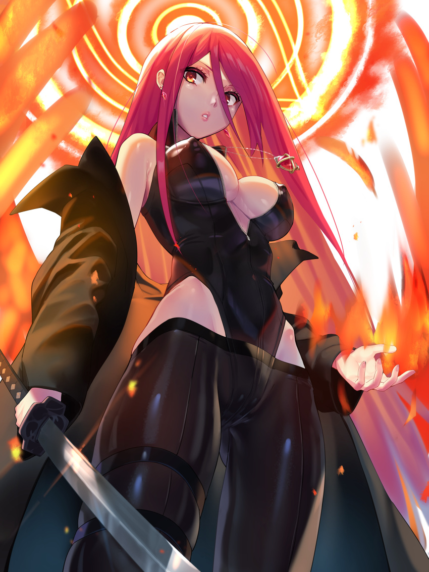 1girl absurdres alastor_(shakugan_no_shana) ass_visible_through_thighs bangs bare_shoulders black_coat black_legwear black_leotard breasts cleavage coat commentary_request covered_nipples earrings fire from_below glint hair_between_eyes halo highres holding holding_sword holding_weapon jewelry large_breasts leotard long_hair long_sleeves looking_at_viewer looking_down lowleg lowleg_pantyhose necklace off_shoulder ohlia older open_clothes open_coat pantyhose parted_lips pendant pink_hair pink_lips red_eyes shakugan_no_shana shana skindentation solo straight_hair sword thigh_strap unzipped very_long_hair weapon zipper