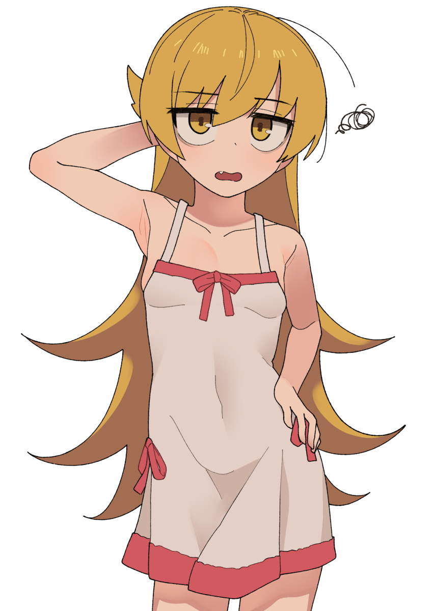 1girl arm_behind_head arm_up armpits bakemonogatari bangs bare_shoulders blonde_hair breasts collarbone cowboy_shot dress eyebrows_visible_through_hair fang hair_between_eyes hand_on_hip hand_on_own_head highres jitome long_hair looking_at_viewer monogatari_(series) nakta open_mouth oshino_shinobu simple_background small_breasts solo spoken_squiggle squiggle symbol_commentary very_long_hair white_background white_dress yellow_eyes